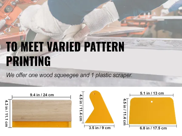 VEVOR screen printing kit includes wood squeegee and two plastic scrapers for varied pattern printing.