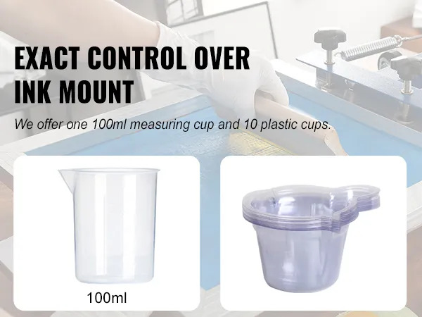 VEVOR screen printing kit includes a 100ml measuring cup and 10 plastic cups for precise ink control.