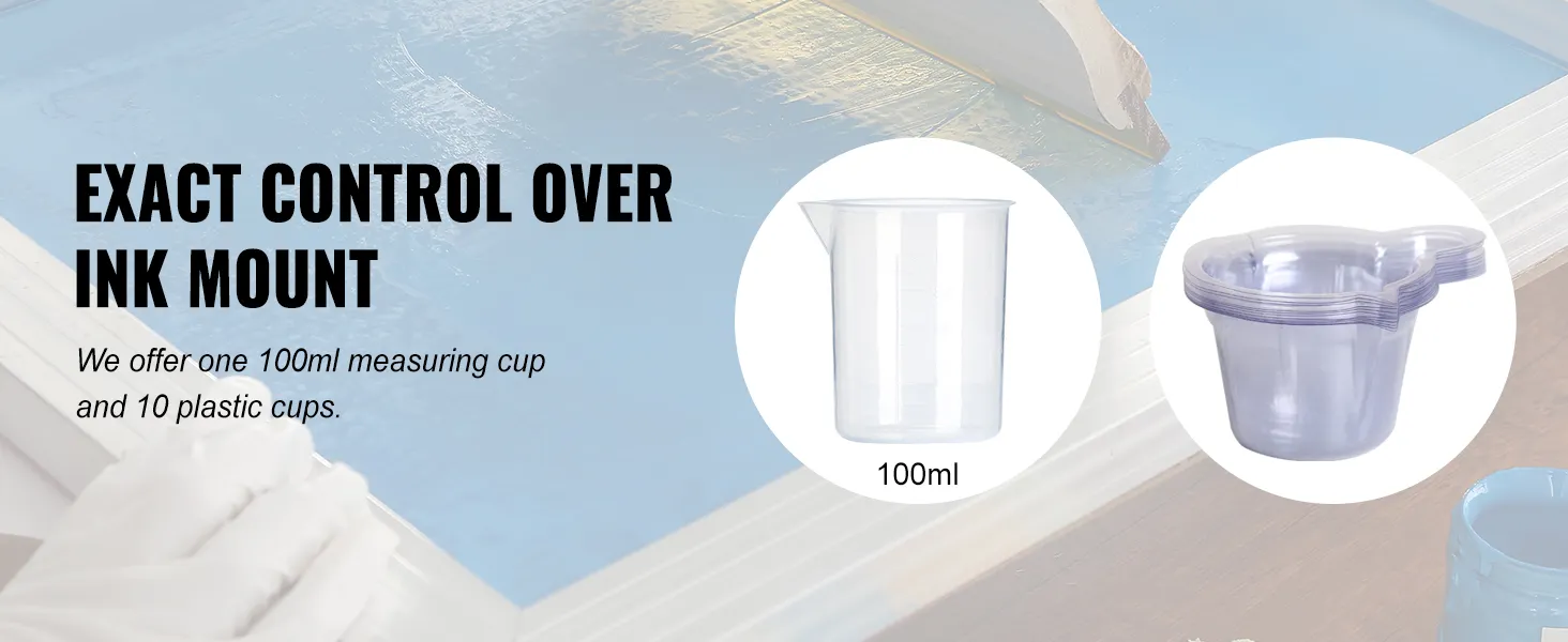 VEVOR screen printing kit includes a 100ml measuring cup and 10 plastic cups for precise ink control.