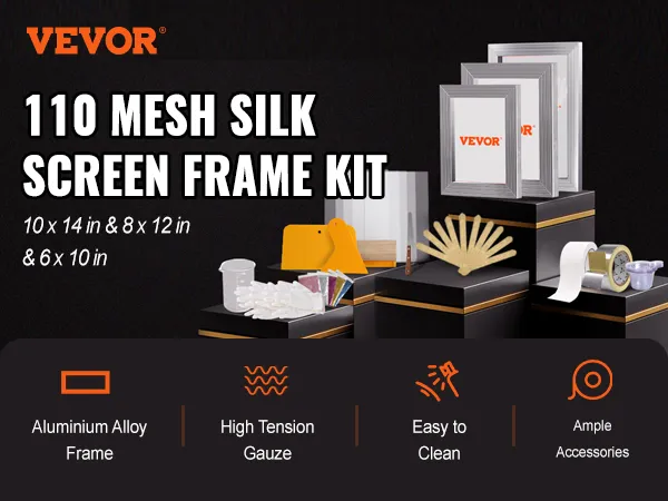 VEVOR screen printing kit with 110 mesh silk screens, aluminum alloy frames, and ample accessories.