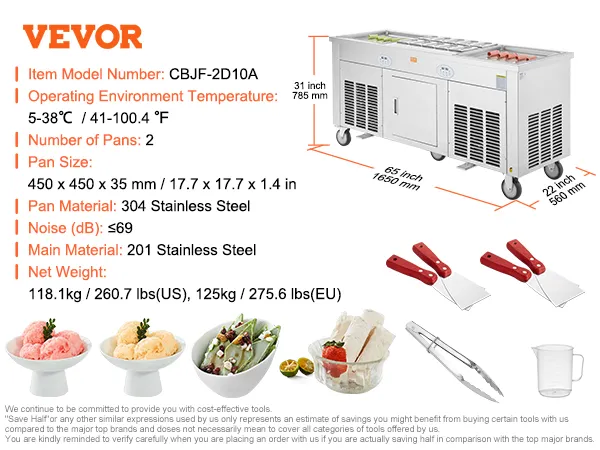 Máquina para hacer rollos de helado frito VEVOR con especificaciones y platos de helado mostrados.