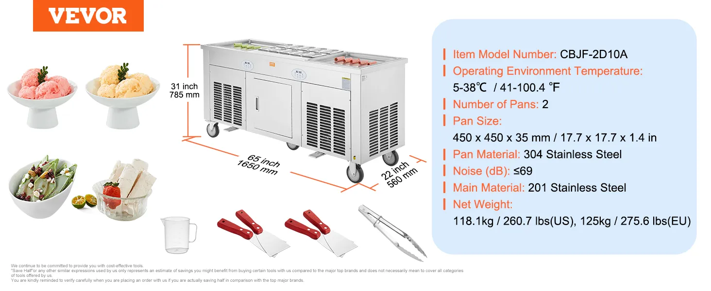Máquina para hacer rollos de helado frito VEVOR con especificaciones y platos de helado mostrados.