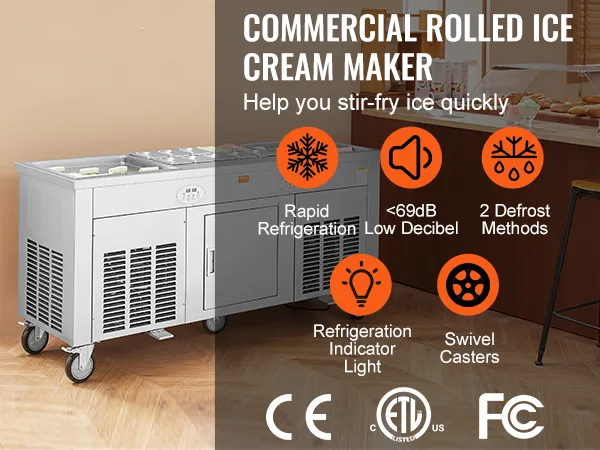 Máquina para hacer rollos de helado frito VEVOR con refrigeración rápida, bajo nivel de ruido, métodos de descongelación y ruedas giratorias.