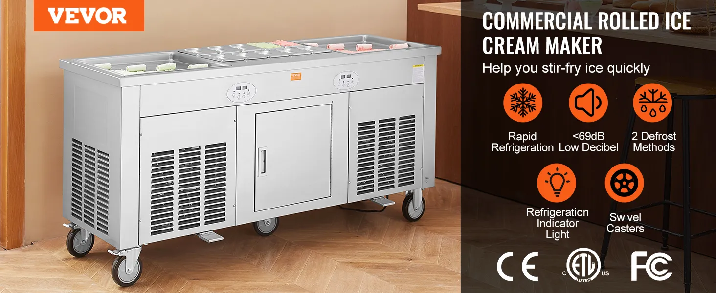 Máquina para hacer rollos de helado frito VEVOR con refrigeración rápida, bajo nivel de ruido, métodos de descongelación y ruedas giratorias.