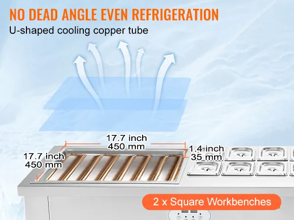 Máquina para hacer rollos de helado frito VEVOR con tubos de cobre de enfriamiento y dos bancos de trabajo cuadrados de 17,7 pulgadas.
