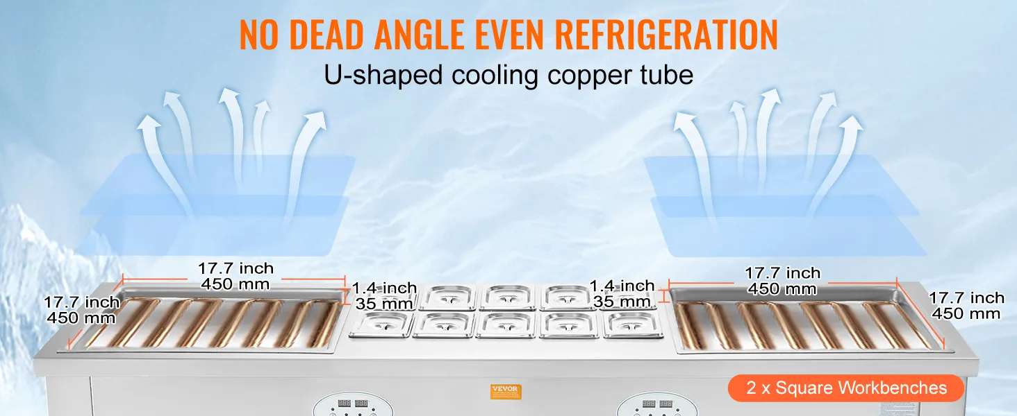 Máquina para hacer rollos de helado frito VEVOR con tubos de cobre de enfriamiento y dos bancos de trabajo cuadrados de 17,7 pulgadas.