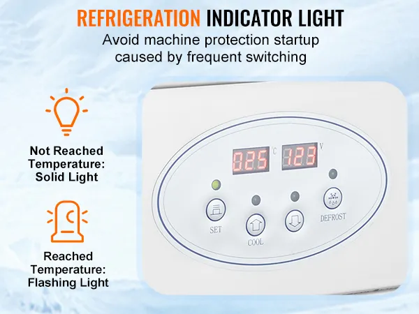 Detalles de la luz indicadora de refrigeración en la máquina de rollo de helado frito VEVOR con señales de luz fija y parpadeante.