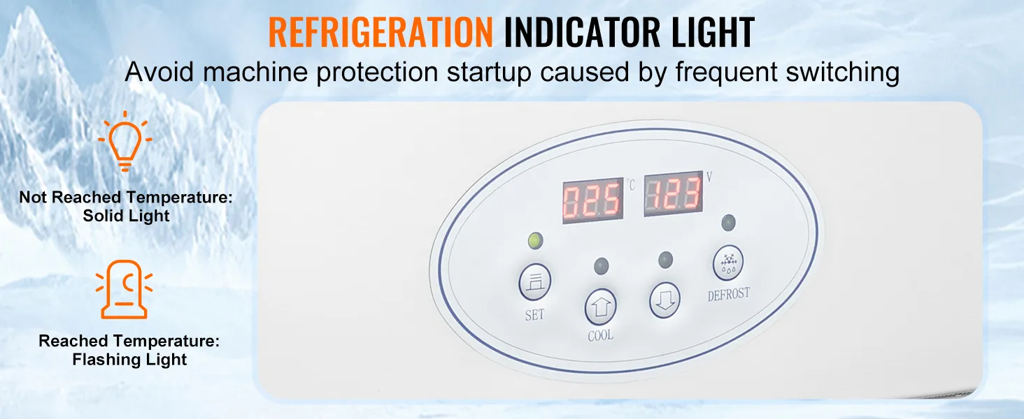 Detalles de la luz indicadora de refrigeración en la máquina de rollo de helado frito VEVOR con señales de luz fija y parpadeante.