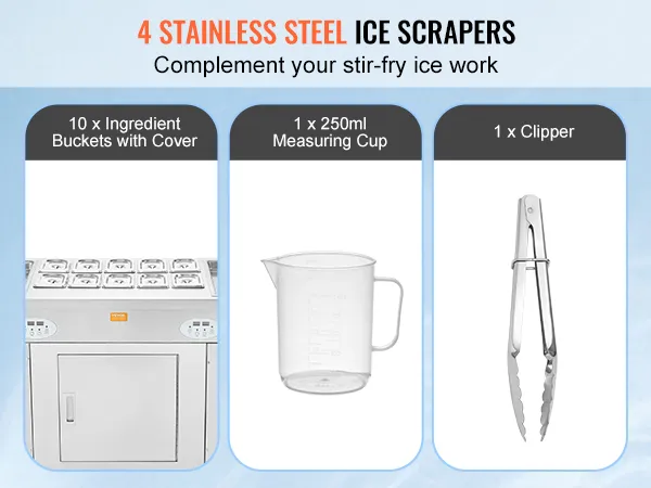 La máquina para hacer rollos de helado frito VEVOR incluye 10 cubos de ingredientes, una taza medidora y una cortadora.