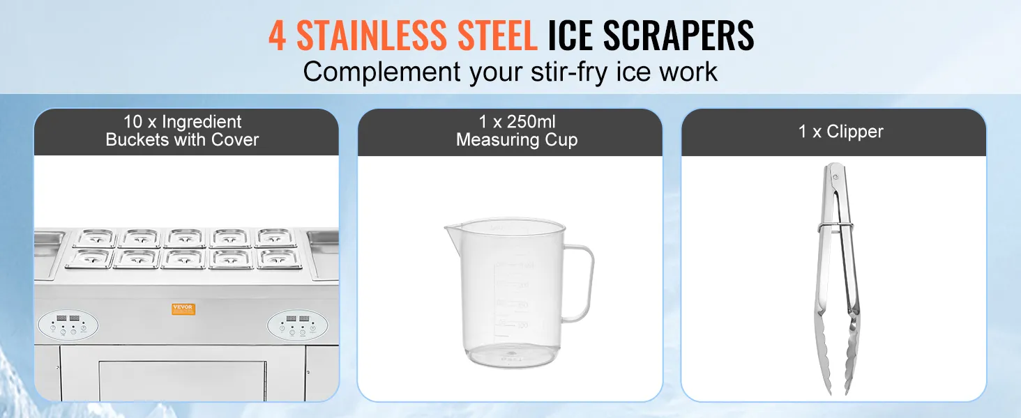 La máquina para hacer rollos de helado frito VEVOR incluye 10 cubos de ingredientes, una taza medidora y una cortadora.