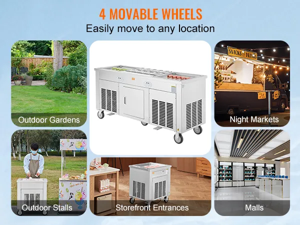 Máquina para hacer rollos de helado frito VEVOR con 4 ruedas para movilidad en jardines, puestos, centros comerciales y mercados.