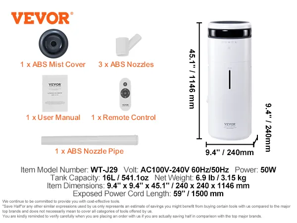 Humidificador comercial VEVOR wt-j29, 50w, tanque de 16l, control remoto, cubierta de niebla, boquillas, 240x1146 mm.