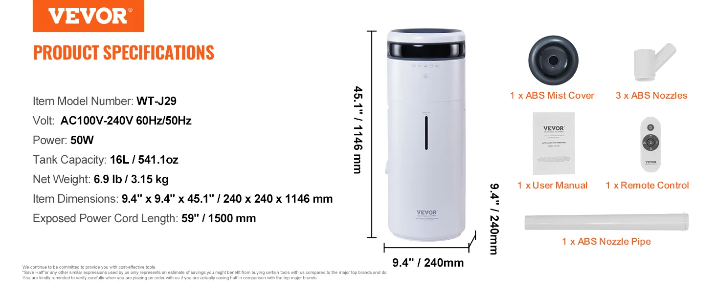 Humidificador comercial VEVOR wt-j29, 50w, tanque de 16l, control remoto, cubierta de niebla, boquillas, 240x1146 mm.