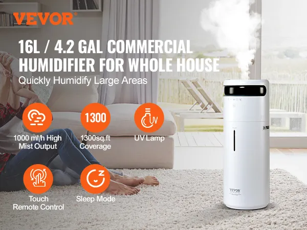 Humidificador comercial VEVOR 16l para toda la casa con control táctil y lámpara UV, cobertura de 1300 pies cuadrados.