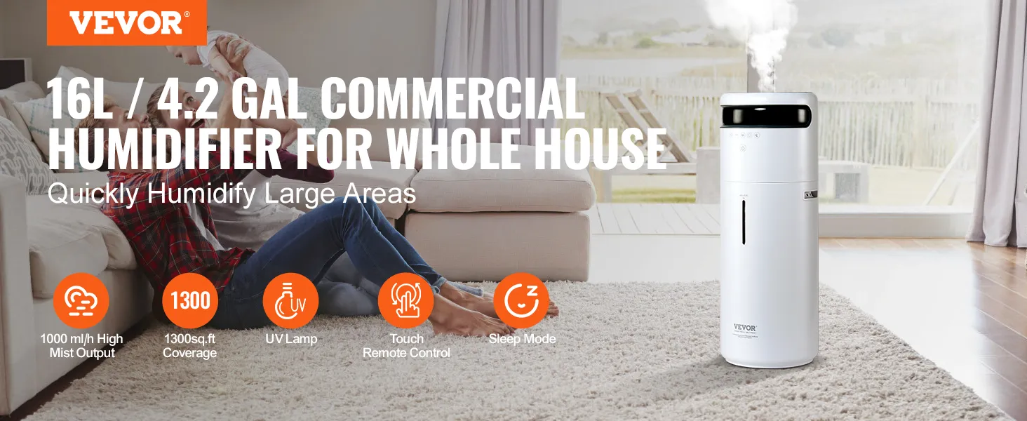 Humidificador comercial VEVOR 16l para toda la casa con control táctil y lámpara UV, cobertura de 1300 pies cuadrados.