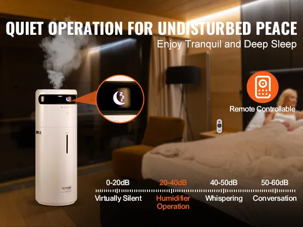 Humidificador comercial VEVOR en un entorno de dormitorio sereno, que muestra un funcionamiento silencioso para un mejor sueño.