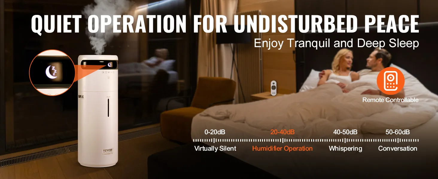 Humidificador comercial VEVOR en un entorno de dormitorio sereno, que muestra un funcionamiento silencioso para un mejor sueño.