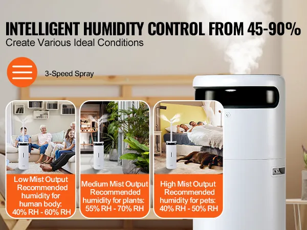 Humidificador comercial VEVOR con control de humedad inteligente del 45-90%, ideal para diversas condiciones.