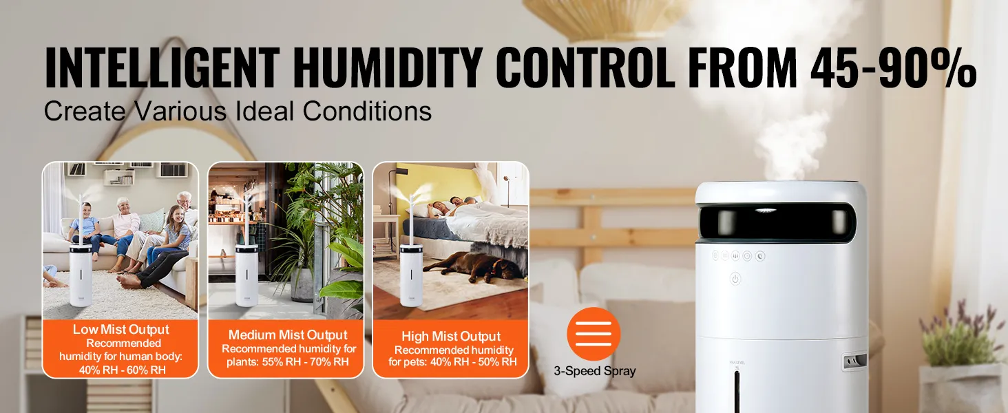 Humidificador comercial VEVOR con control de humedad inteligente del 45-90%, ideal para diversas condiciones.