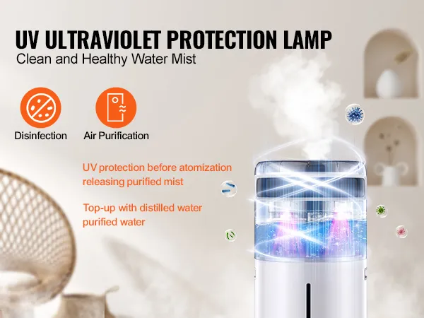Humidificador comercial VEVOR con lámpara de protección UV que garantiza una niebla de agua limpia y saludable en un entorno moderno.