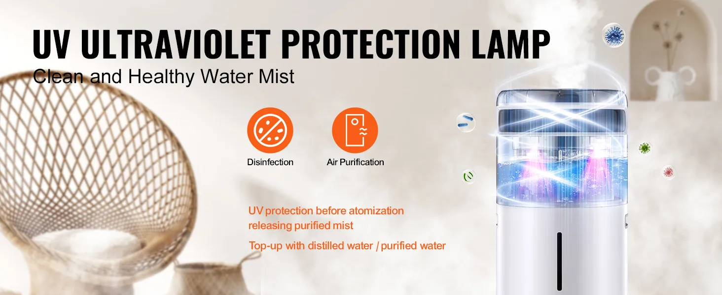 Humidificador comercial VEVOR con lámpara de protección UV que garantiza una niebla de agua limpia y saludable en un entorno moderno.