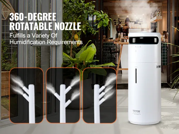 Humidificador comercial VEVOR con boquilla giratoria de 360 grados en un exuberante entorno interior.