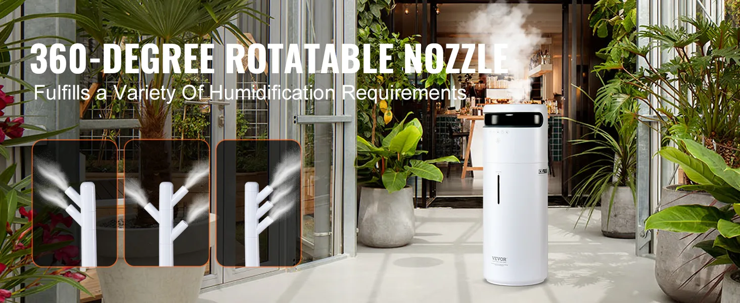 Humidificador comercial VEVOR con boquilla giratoria de 360 grados en un exuberante entorno interior.