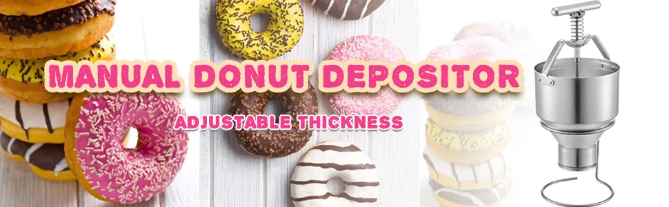 VEVOR donut depositor with donuts and adjustable thickness feature emphasized