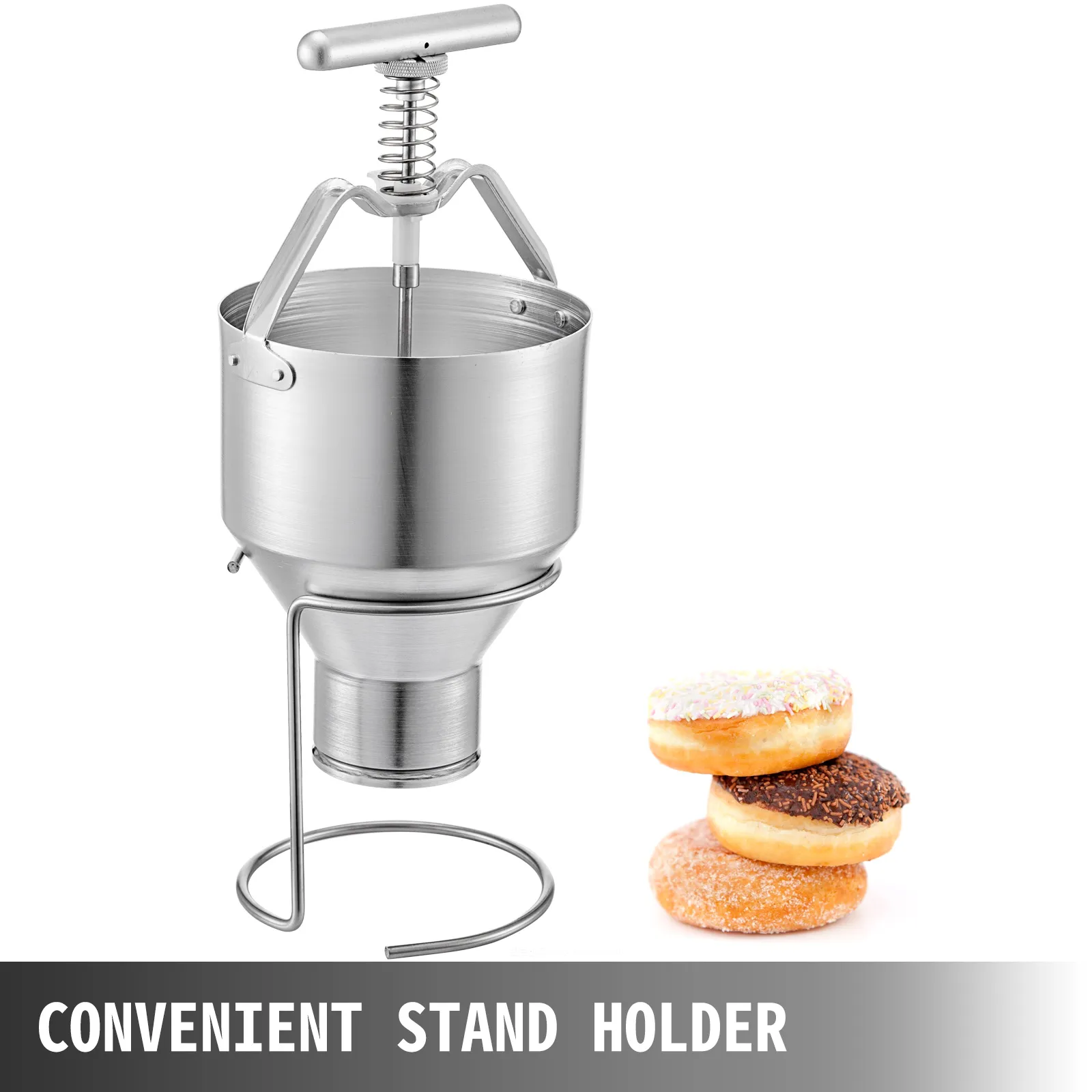 VEVOR donut depositor with stand holder and three assorted donuts.