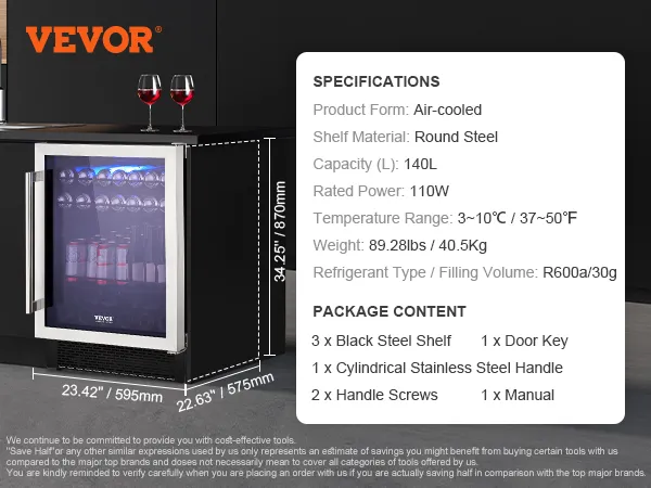 Frigorífico de bebidas VEVOR con puerta de cristal, capacidad de 140 l, refrigerado por aire, estantes de acero negro y cerradura con llave.