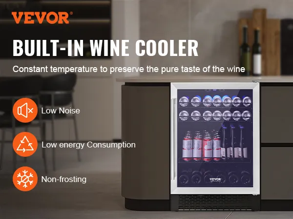 Refrigerador de bebidas VEVOR con enfriador de vinos incorporado, que presenta bajo nivel de ruido y bajo consumo de energía.