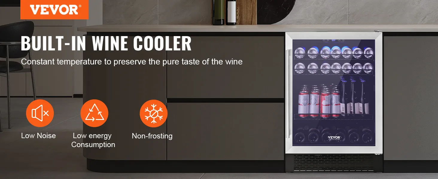 Refrigerador de bebidas VEVOR con enfriador de vinos incorporado, que presenta bajo nivel de ruido y bajo consumo de energía.
