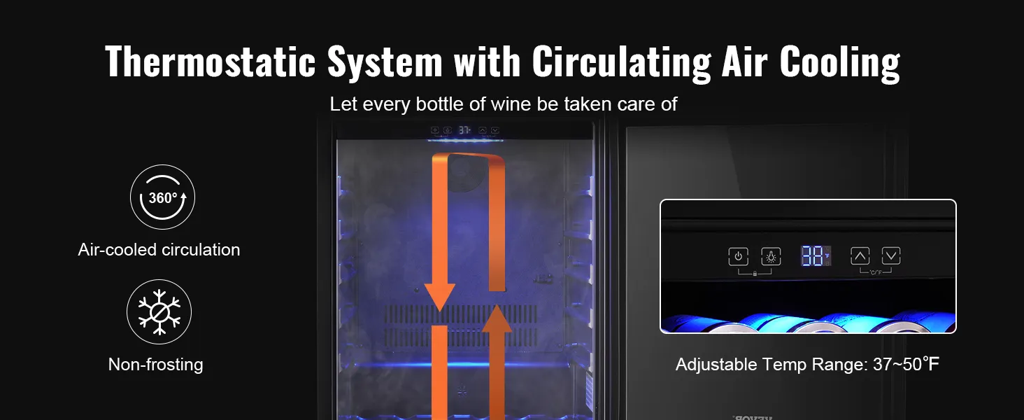 Refrigerador de bebidas VEVOR con circulación de aire enfriado de 360° y rango de temperatura ajustable de 37 a 50 °F.