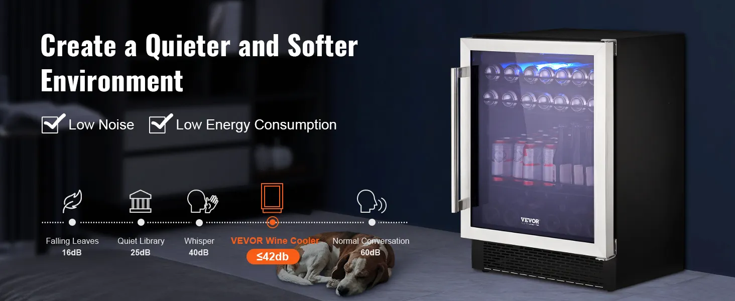 Refrigerador de bebidas VEVOR con bajo nivel de ruido y consumo de energía, mostrado en una sala de estar tranquila.