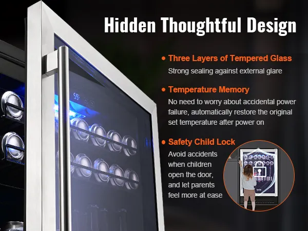 Refrigerador de bebidas VEVOR con vidrio templado de tres capas, memoria de temperatura y bloqueo de seguridad para niños.
