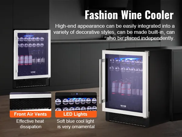 Refrigerador de bebidas VEVOR con ventilaciones de aire frontales y luces LED en un entorno de cocina moderno.