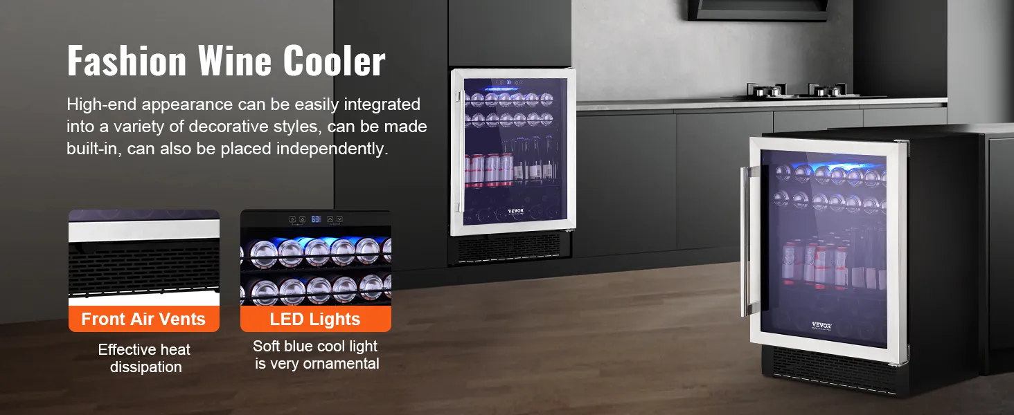 Refrigerador de bebidas VEVOR con ventilaciones de aire frontales y luces LED en un entorno de cocina moderno.