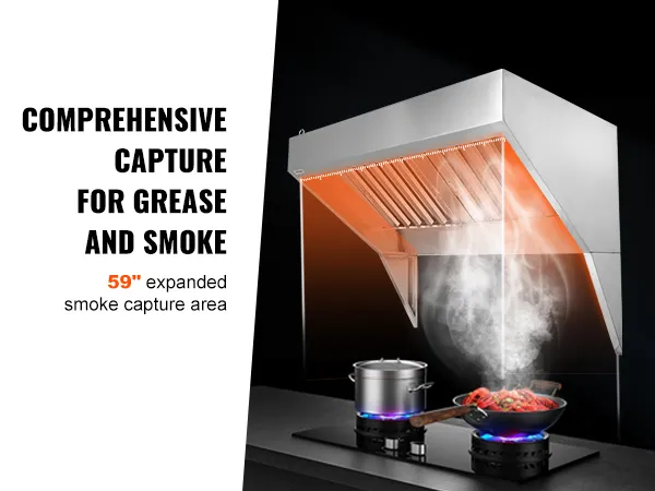 VEVOR commercial exhaust hood capturing grease and smoke with a 59" expanded smoke capture area.