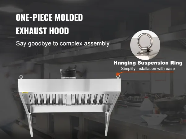 one-piece molded exhaust hood by VEVOR simplifies assembly in a commercial kitchen with hanging suspension ring.