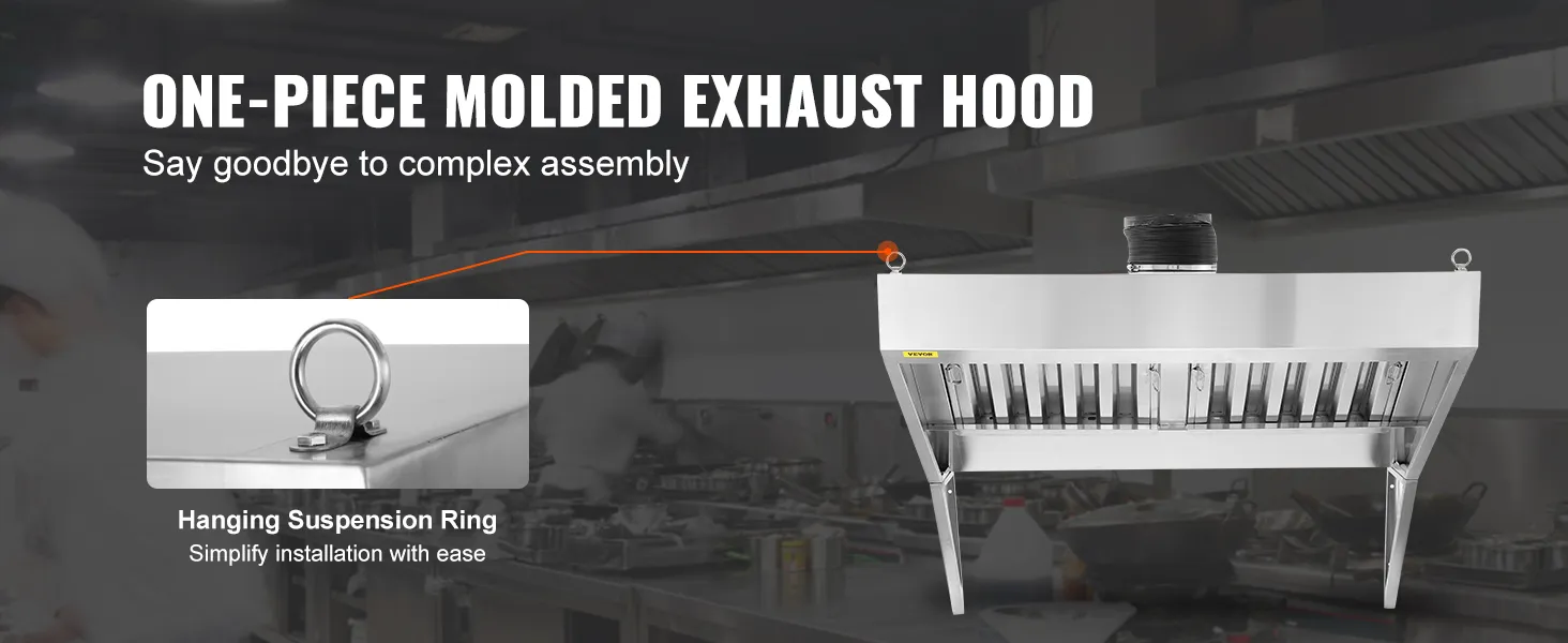 one-piece molded exhaust hood by VEVOR simplifies assembly in a commercial kitchen with hanging suspension ring.