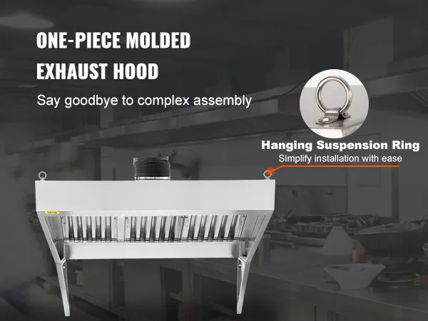 VEVOR commercial exhaust hood with hanging suspension ring for easy installation in a professional kitchen.