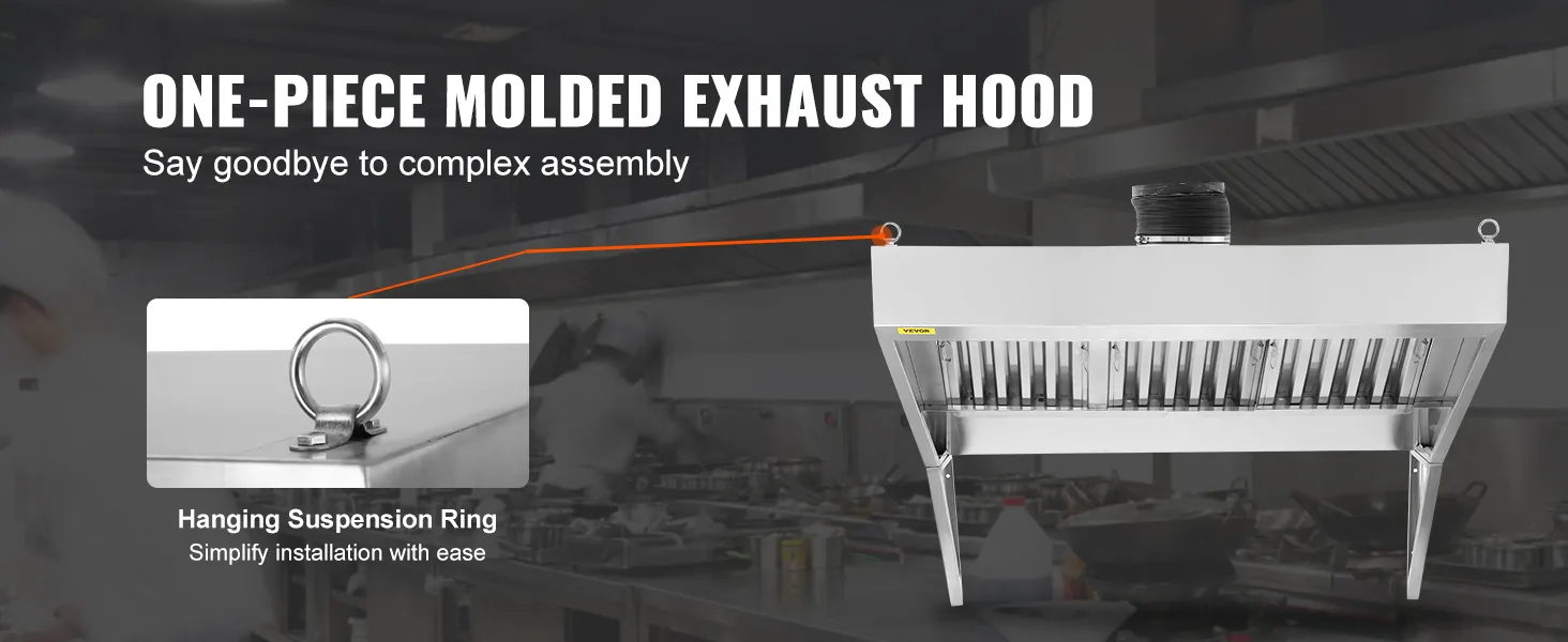 VEVOR commercial exhaust hood with hanging suspension ring for easy installation in a professional kitchen.