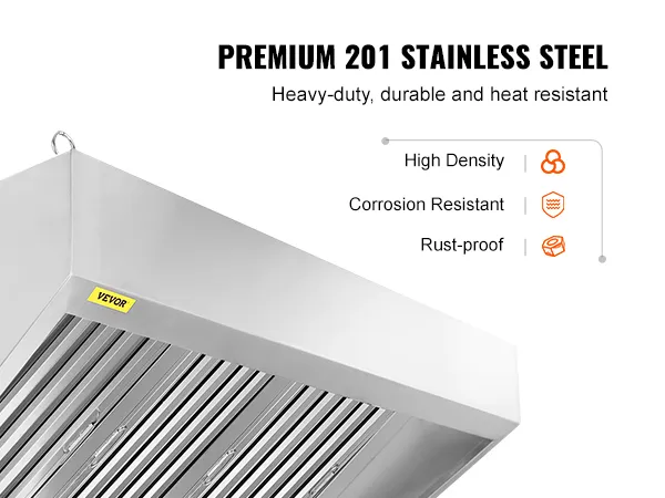 VEVOR commercial exhaust hood in premium 201 stainless steel, heavy-duty, durable, and heat-resistant.