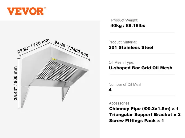VEVOR commercial exhaust hood 201 stainless steel, 94.48" width, 4 u-shaped bar grid oil mesh.