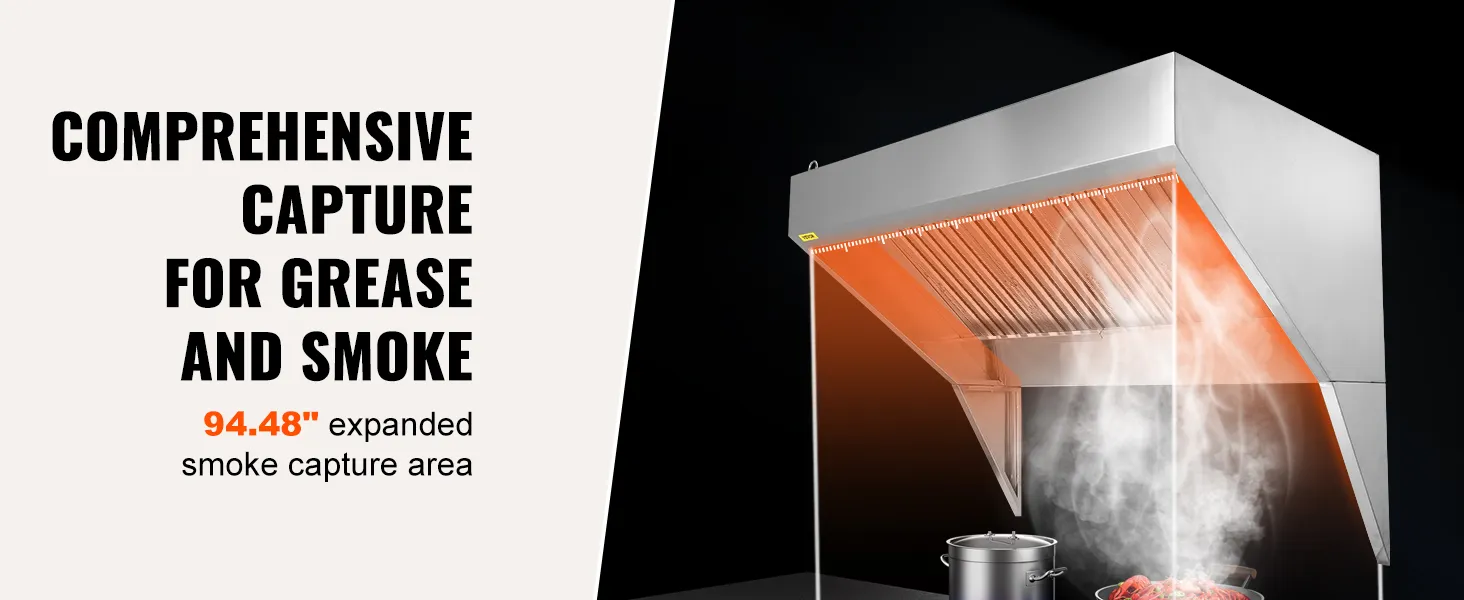 VEVOR commercial exhaust hood, 94.48" expanded smoke capture area, comprehensive grease and smoke control.