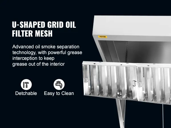 VEVOR commercial exhaust hood with detachable u-shaped grid oil filter mesh, easy to clean.