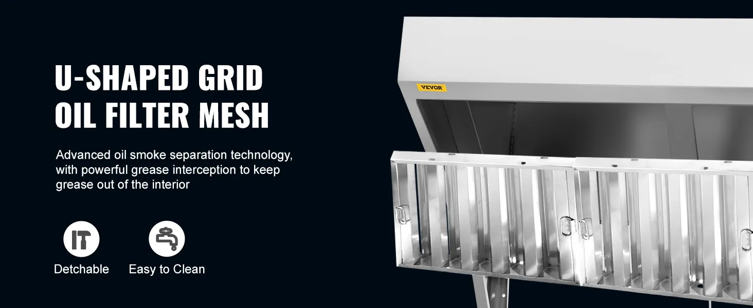 VEVOR commercial exhaust hood with detachable u-shaped grid oil filter mesh, easy to clean.