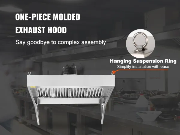 one-piece VEVOR commercial exhaust hood with hanging suspension ring in a professional kitchen.