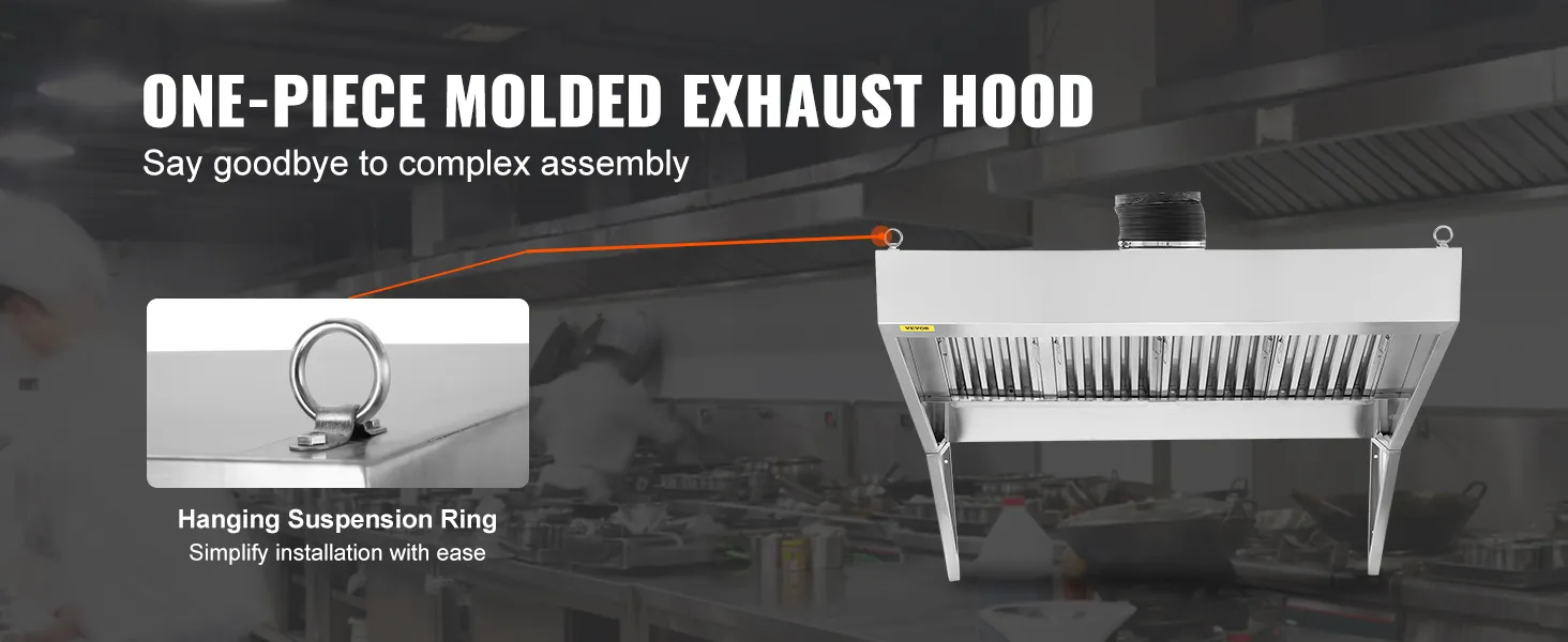 one-piece VEVOR commercial exhaust hood with hanging suspension ring in a professional kitchen.