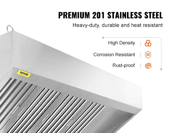 VEVOR commercial exhaust hood made of premium 201 stainless steel, heavy-duty, durable, and heat resistant.